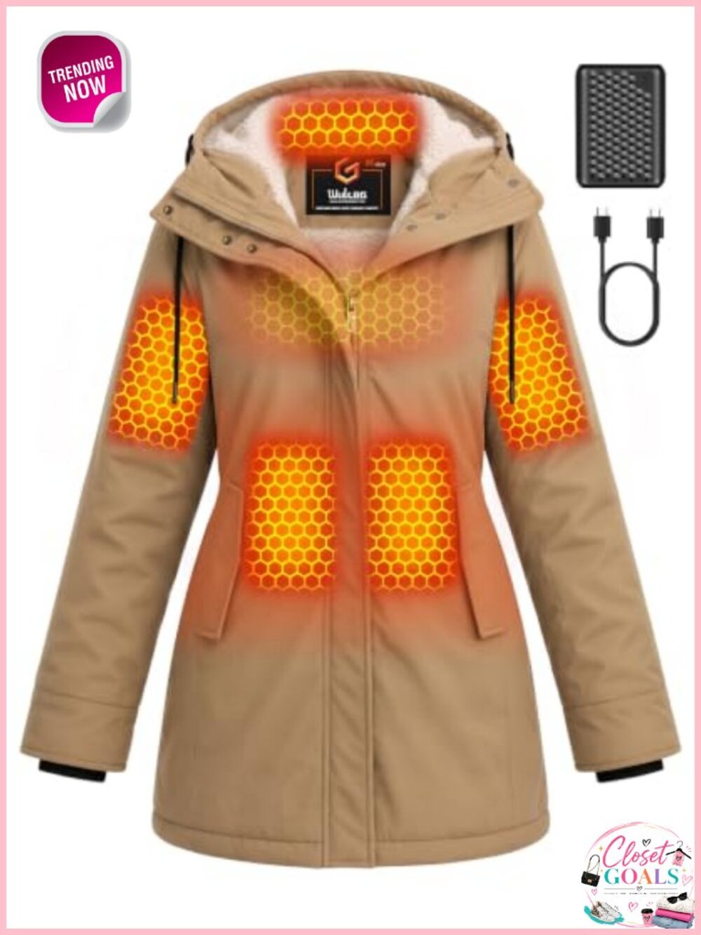 Graphene Heated Hooded Fleece Lined Jacket Cinched Waist Longline